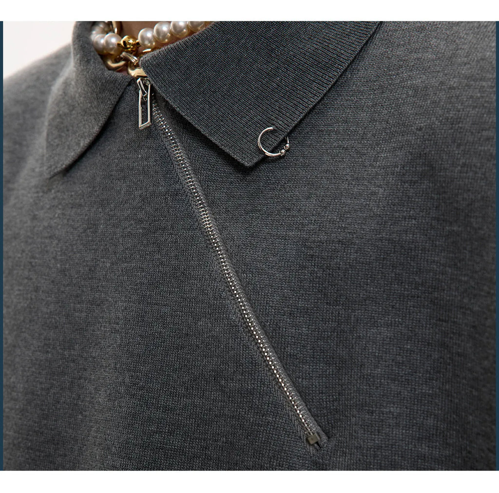 Men's black slim-fit knitted polo shirt with oblique zip and lapel collar