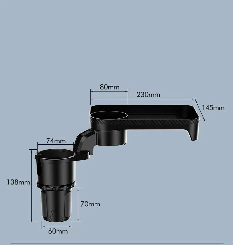 Black ABS plastic car-mounted rotating dinner tray holder installed in a vehicle cup holder.