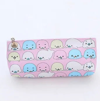 Triangle-shaped PU leather stationery bag with cartoon patterns in blue colour