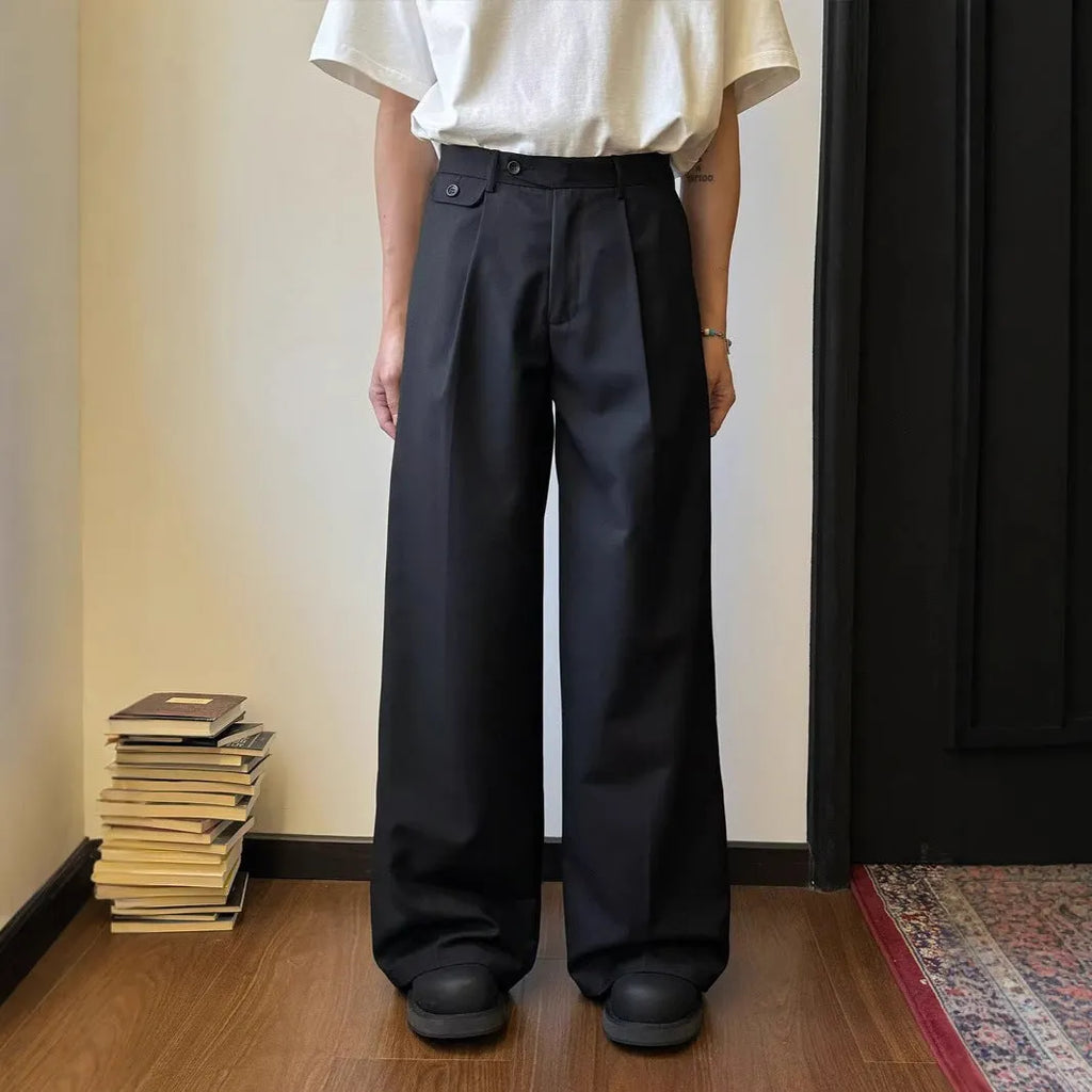 Men's straight-leg casual trousers in black with wide-leg loose cut