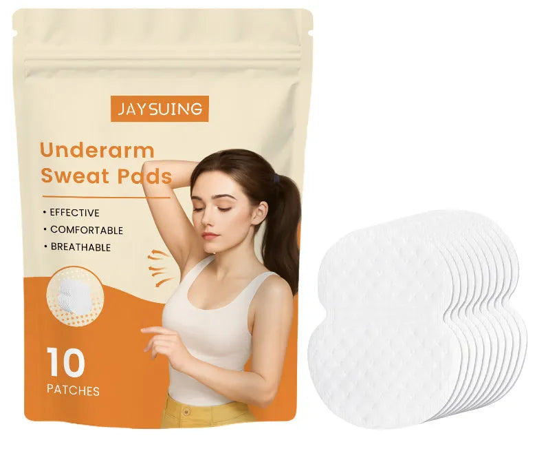 Pack of 10 white underarm sweat absorbing patches for inside clothing.
