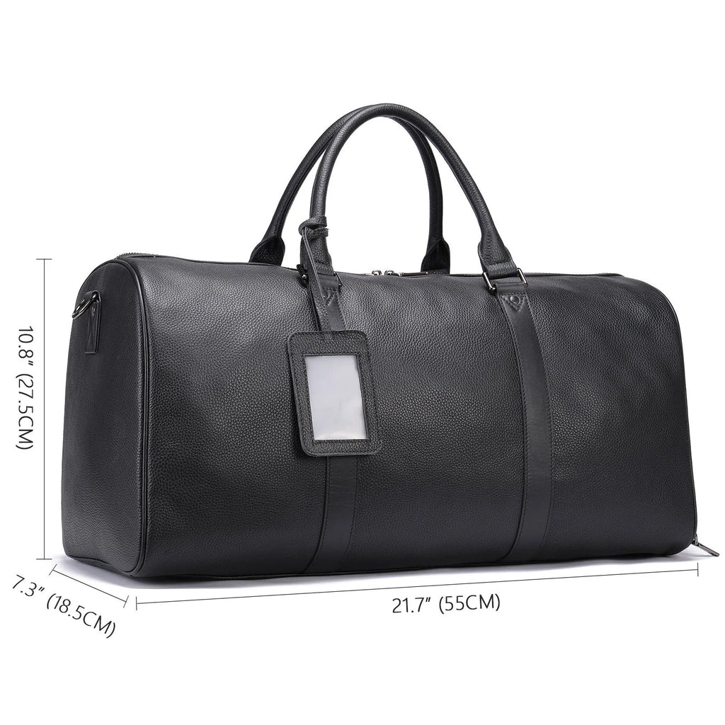 Men's black leather excursion tote bag with single strap showing 44cm length