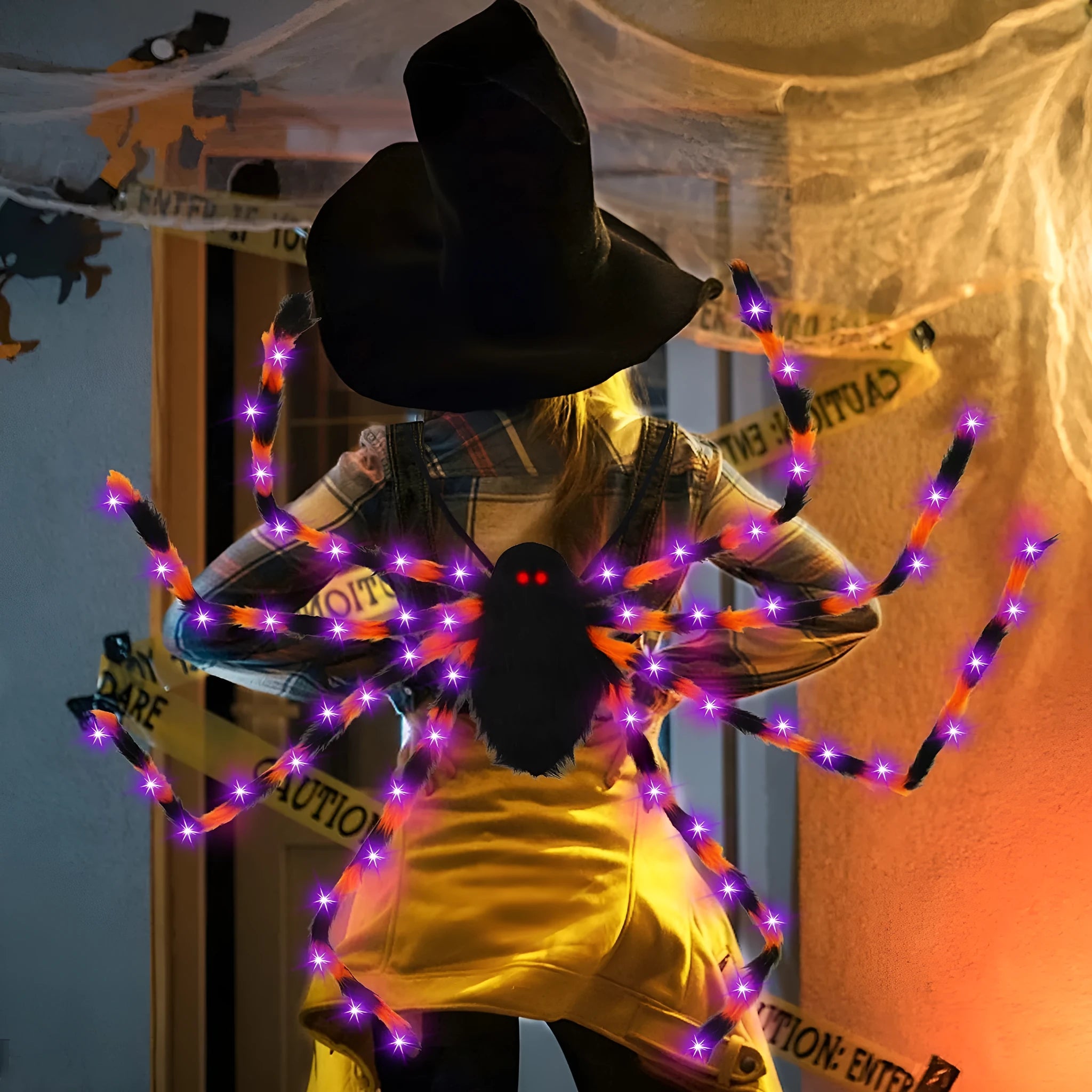 Halloween spider backpack with LED lights in plush sugar bag design showing colour options