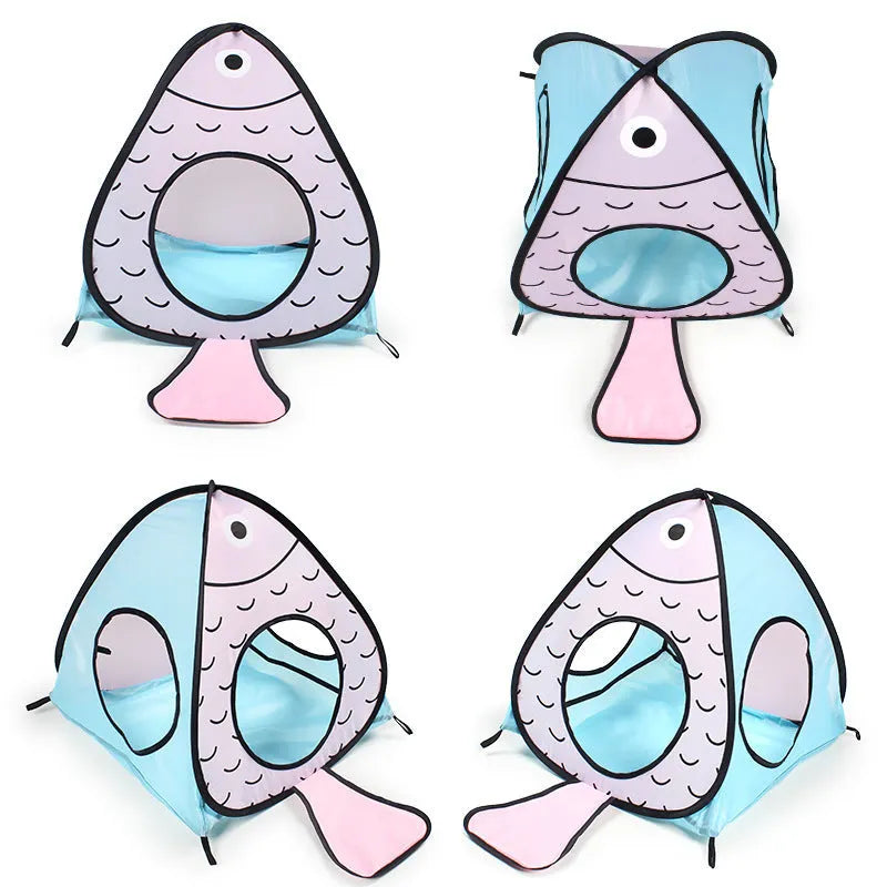 Foldable cat tent and tunnel toy set with cat fish design