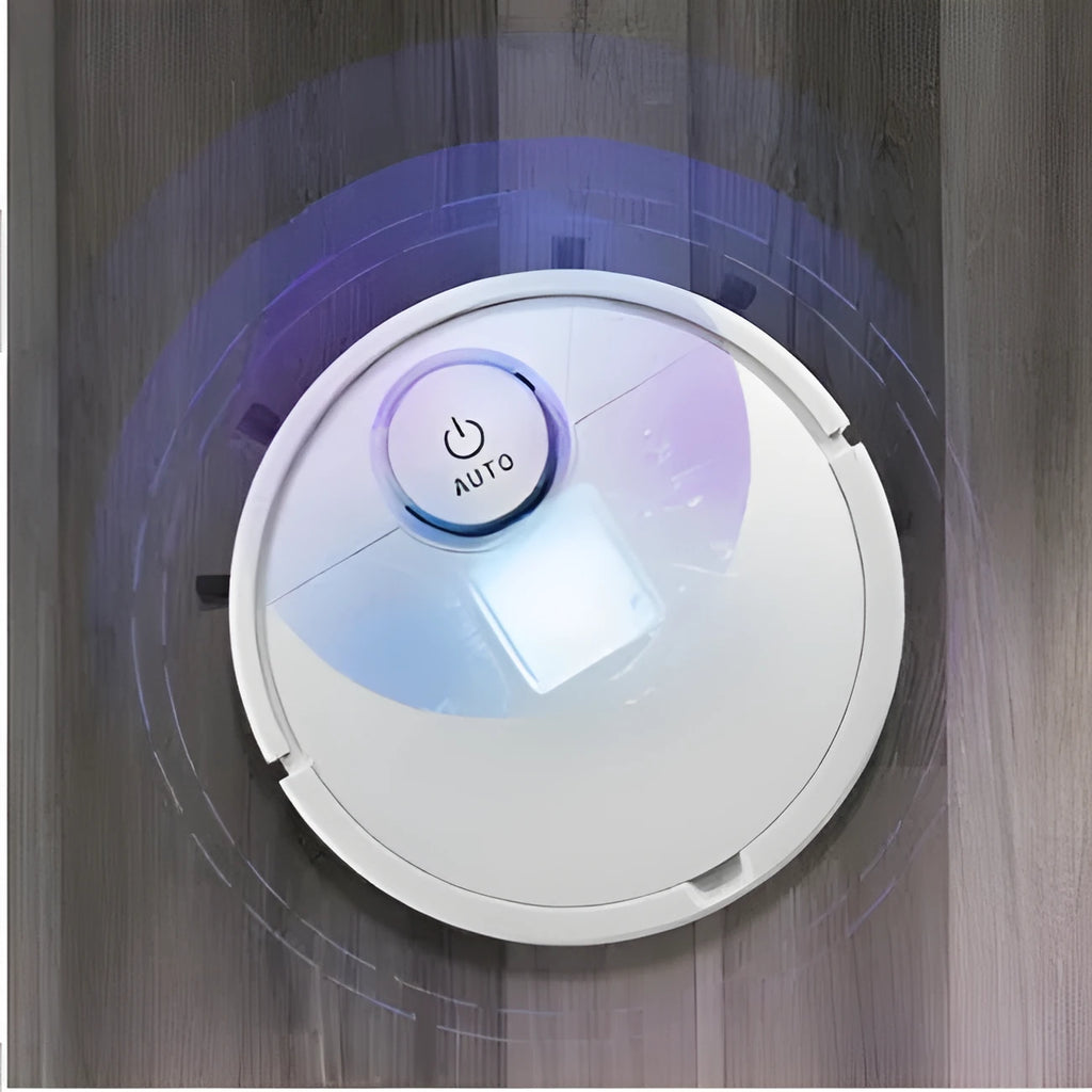 Compact automatic sweeping robot with ABS body on a hardwood floor.