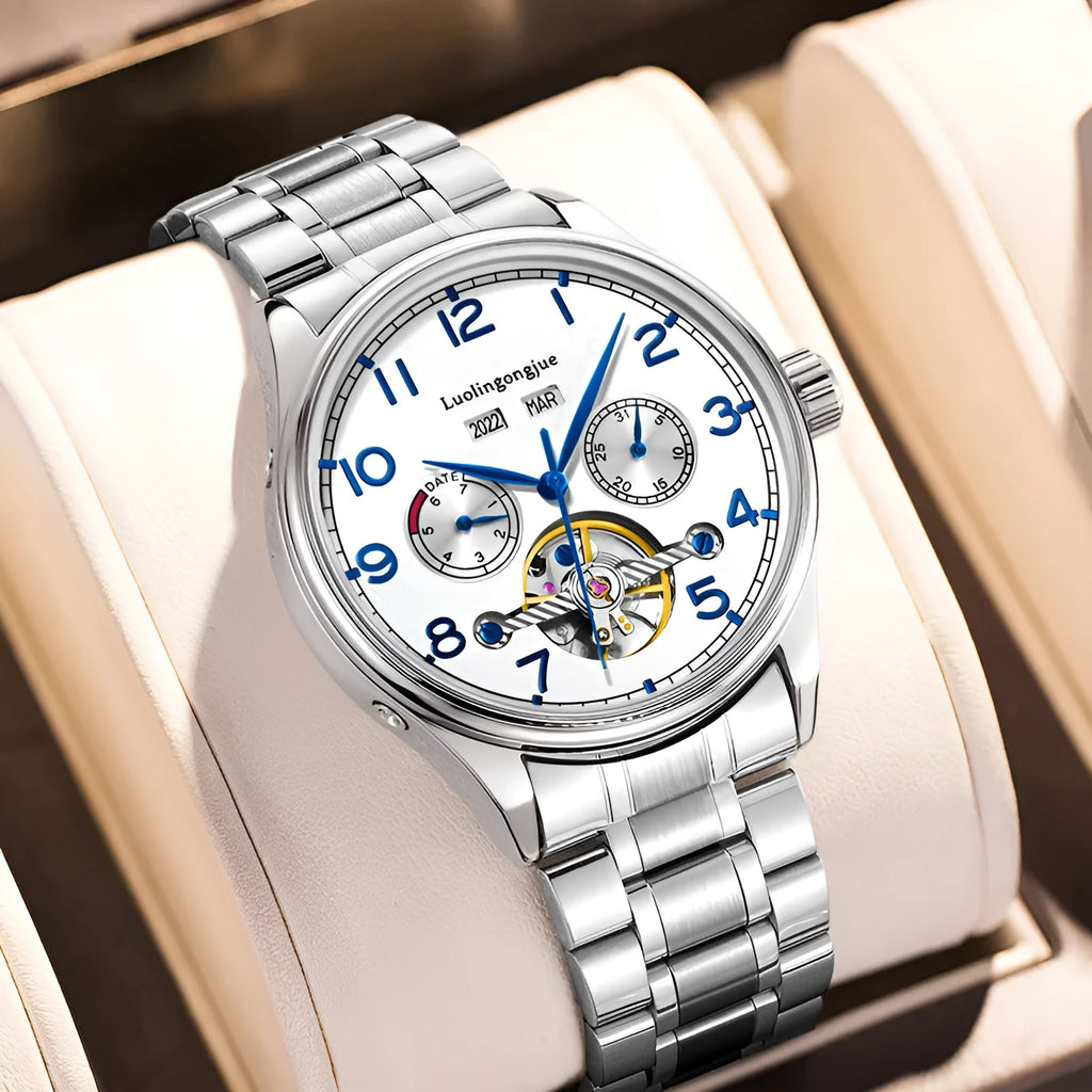 Men's stainless steel mechanical dress watch with leather strap and sapphire glass.