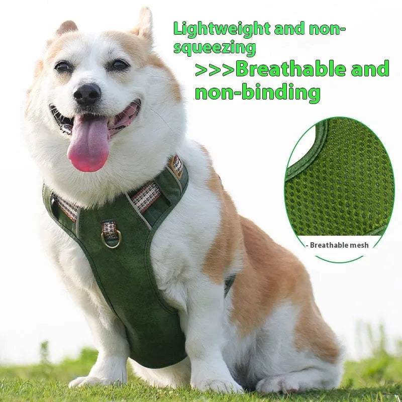 Brown explosion-proof reflective leather chest harness for a dog on a white background