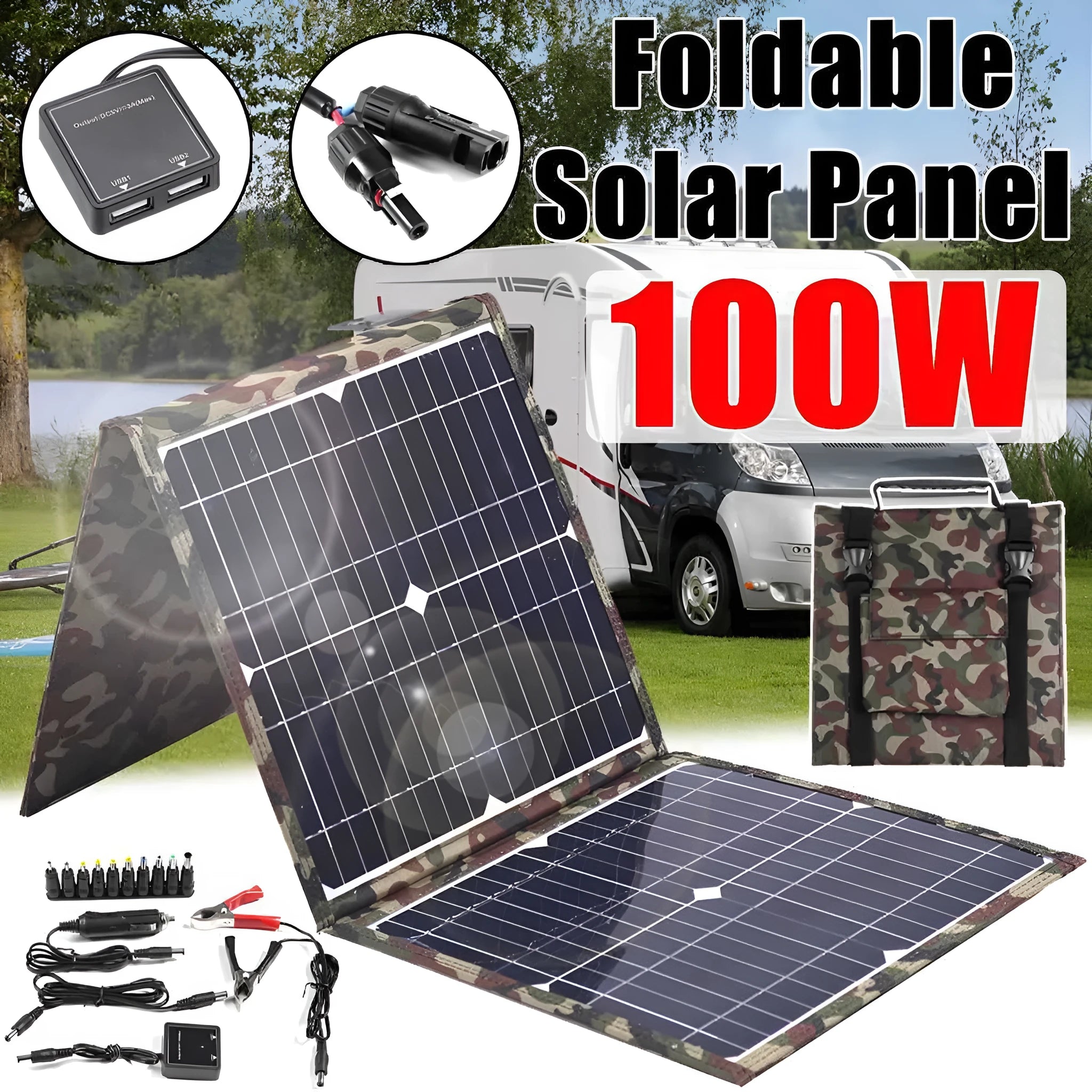 Black foldable 36W solar panel with monocrystalline cells showing folded dimensions of 87cm by 28.5cm