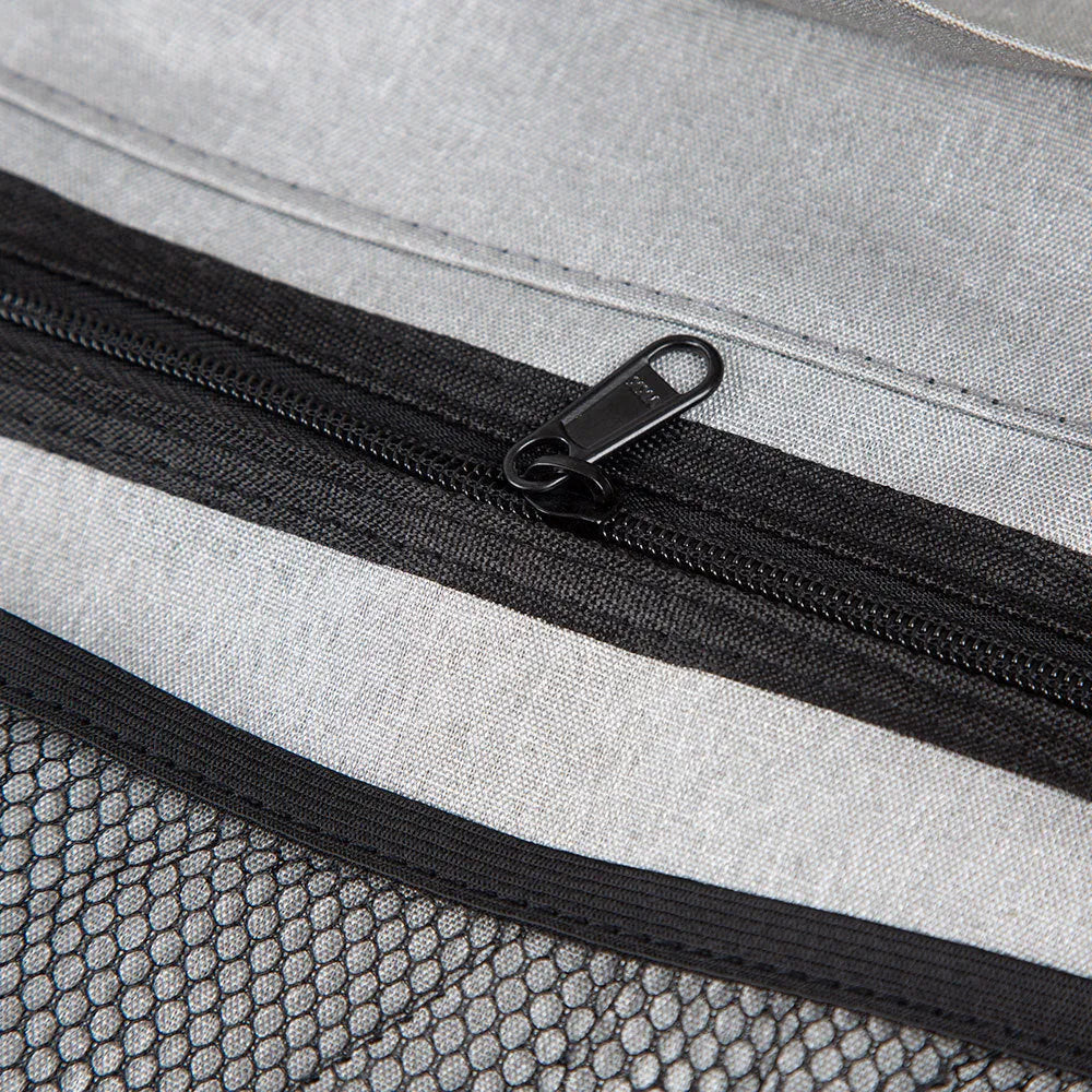 Black car boot hanging storage organiser made of Oxford cloth with a handle, shown hanging.