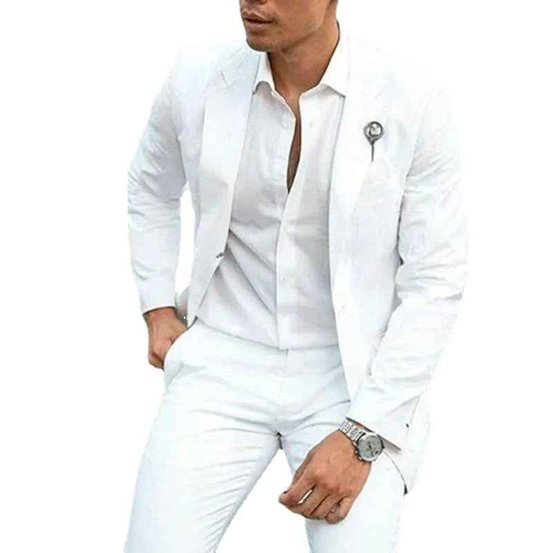 Men's white two-piece wedding suit in slim fit style with jacket and trousers