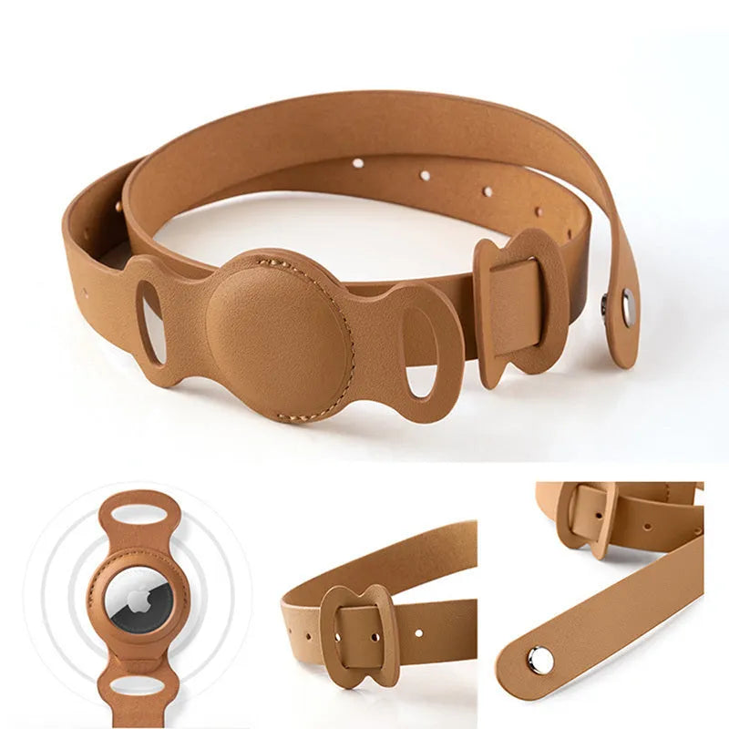 Leather pet collar case for AirTag, adjustable 40-77cm, fog blue colour, on a light background
