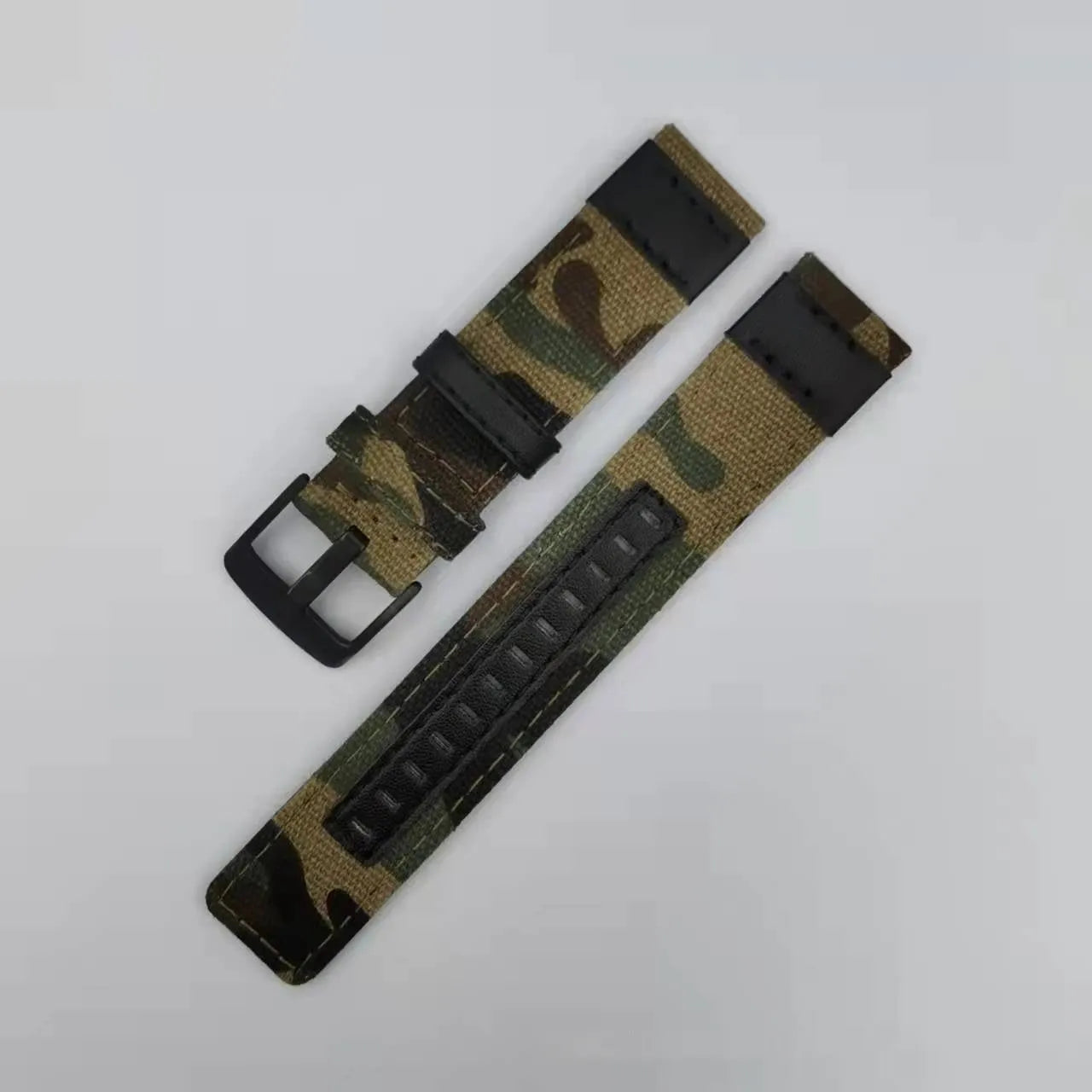 Oxford cloth canvas watch strap with quick-release bars shown in camouflage colour.