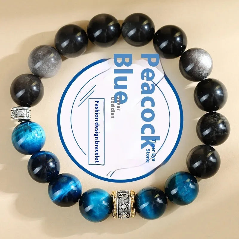 Geometric peacock blue tigereye bracelet with round elements on wrist