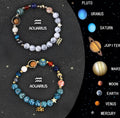 A pair of natural stone zodiac sign bracelets on an adjustable cord, showing detailed astrology charms.