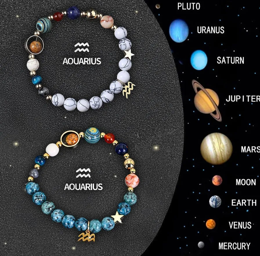 A pair of natural stone zodiac sign bracelets on an adjustable cord, showing detailed astrology charms.