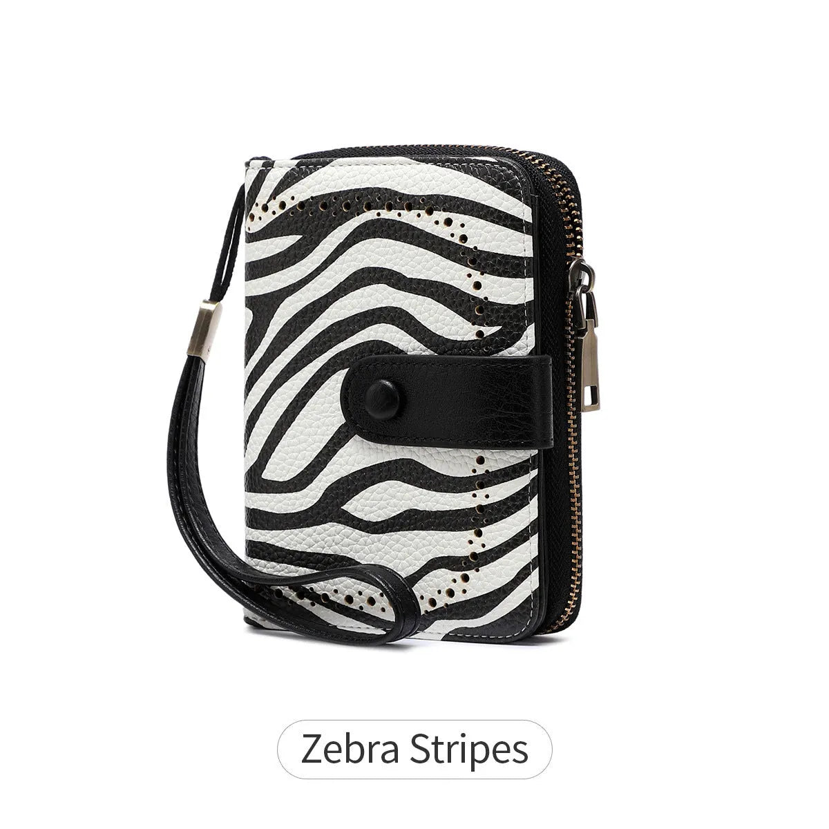 Leopard print retro wallet with zipper closure and contrast stitching, made from PU leather.