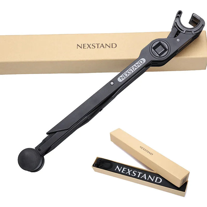 Black foldable portable laptop stand with lifting mechanism, shown with carrying case