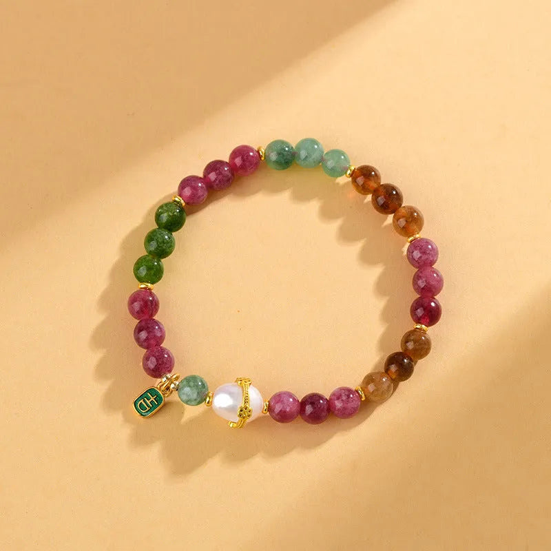 Geometric natural crystal bracelet with tourmaline and chalcedony 6.5mm beads