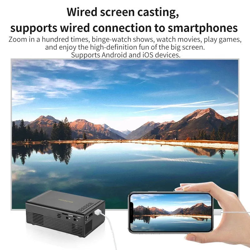 Black or white portable mini projector with wired mobile phone connection showing 320x240 resolution display