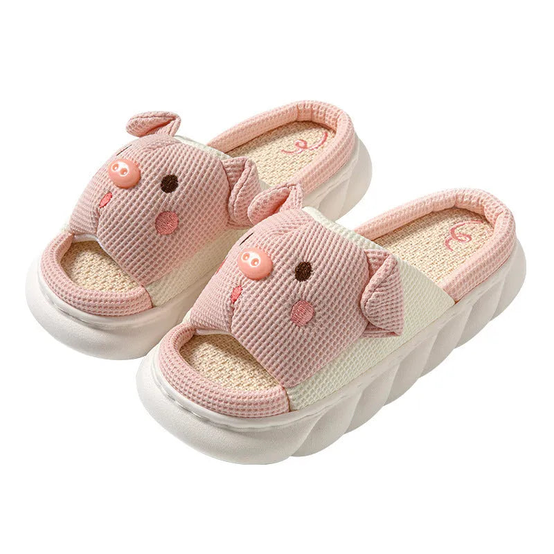 Open-toe linen couple slippers in four colours with PVC soles and sewn construction
