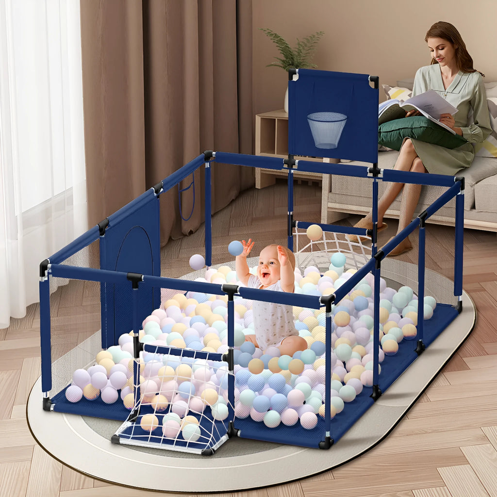 Large blue children's playpen tent with Oxford cloth fence and stainless steel frame.