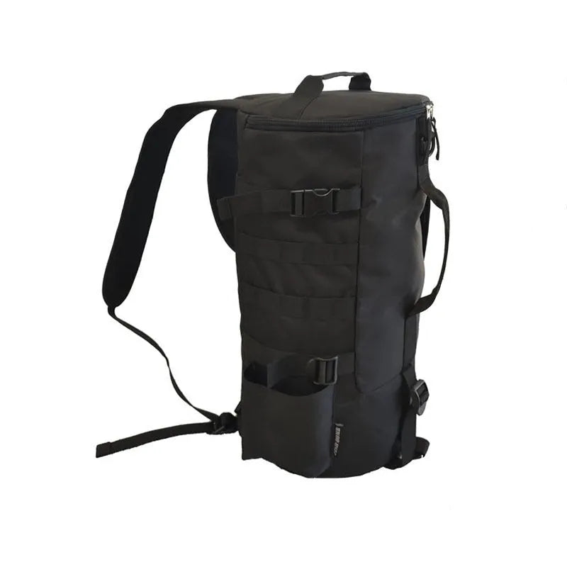 Outdoor cylindrical fishing gear backpack in black, 36-55L capacity, polyester fabric, 45x26x26cm