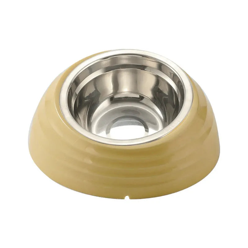 Stainless steel cat bowl with weighted plastic base in choice of beige, brown, or light green
