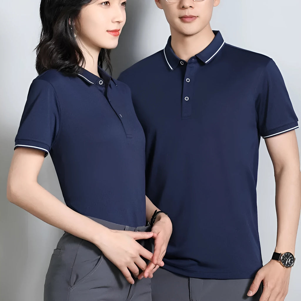 Beautician short-sleeved polo shirt in cool silk cotton with asymmetric colour detail
