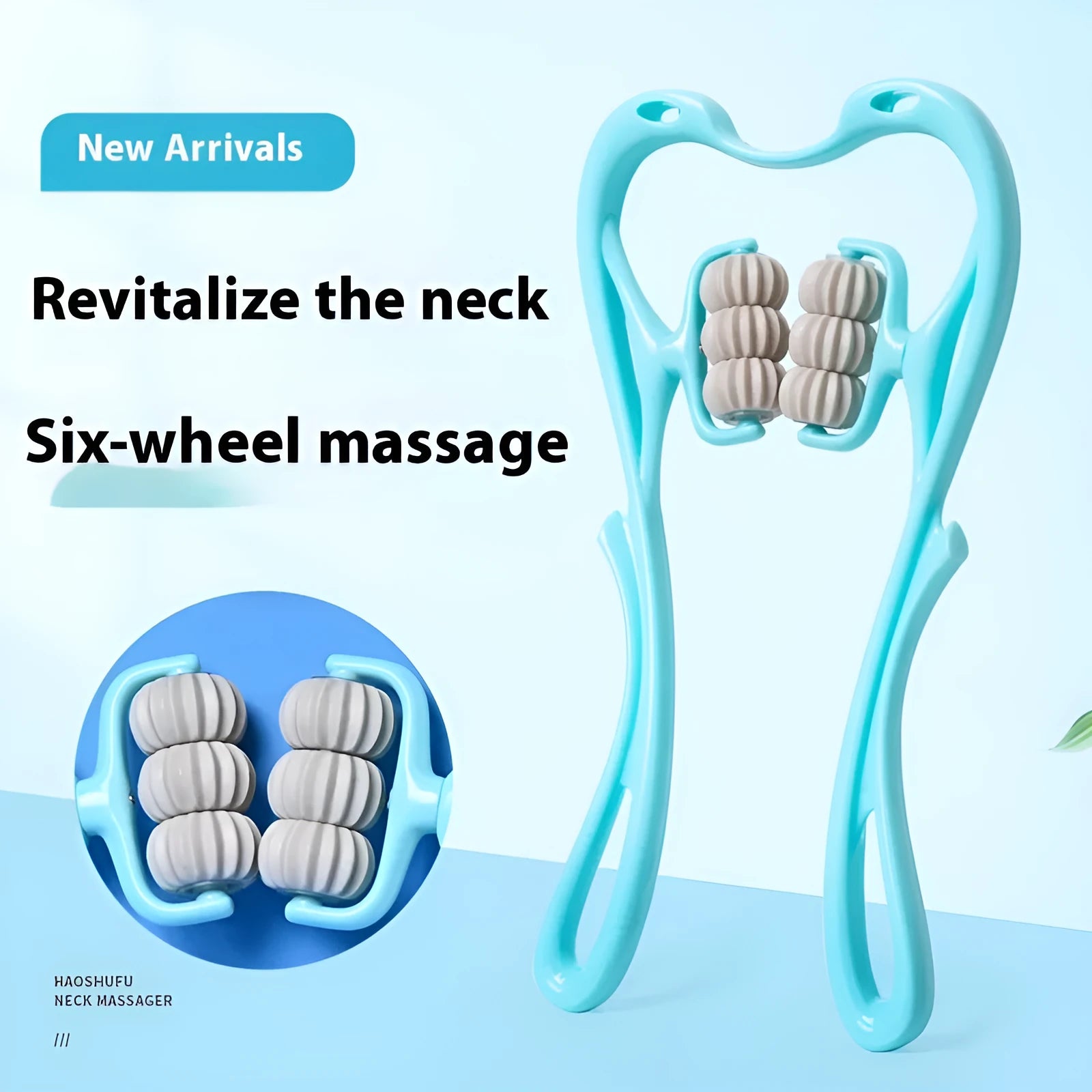 Blue plastic six-wheel manual massager for neck, shoulder, and waist