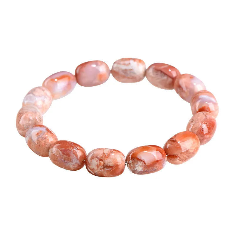 Natural cherry agate barrel bead bracelet with 10x14mm ruyi motifs geometric design
