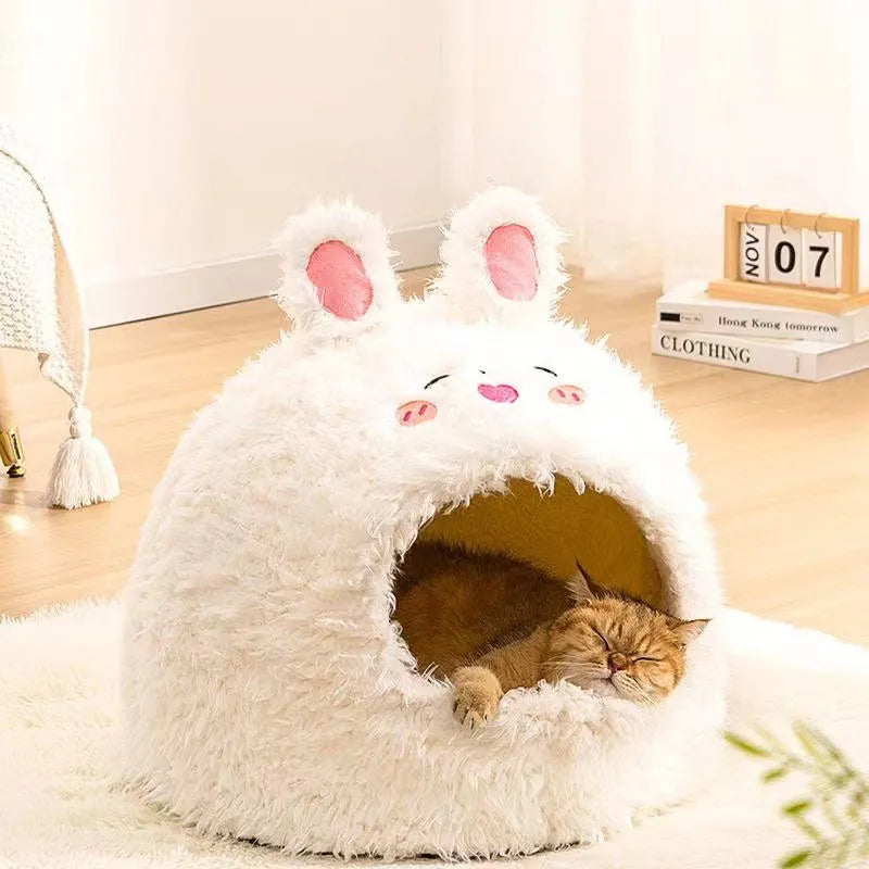 Semi-enclosed cat litter tent kennel in a yurt style with a zippered curtain and removable cushion.