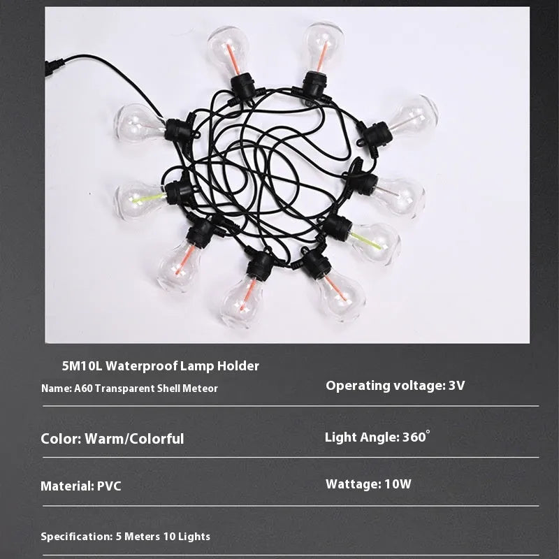 Waterproof outdoor string lights with transparent A60 bulbs on 5 metre cord for garden and wedding use