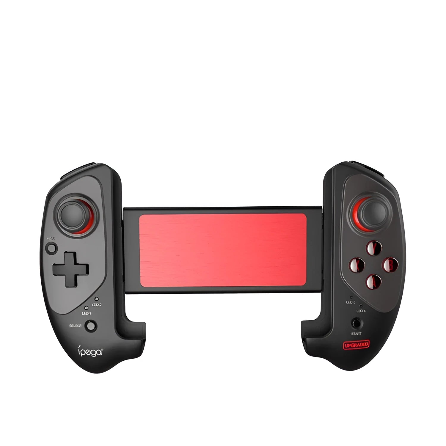 Red telescopic gamepad with adjustable arms for mobile phones and USB/Bluetooth connectivity