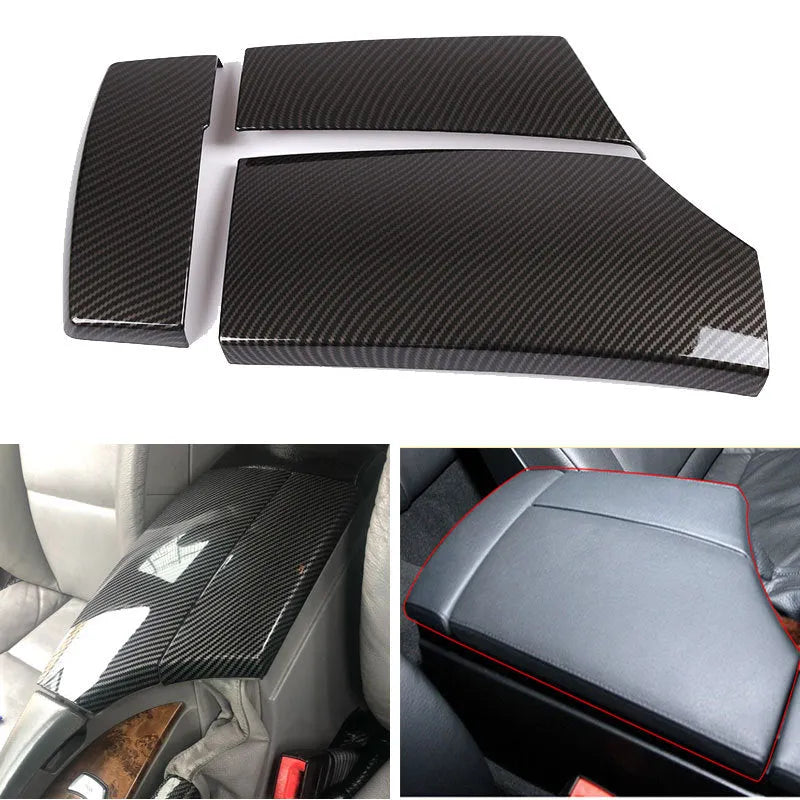 Three ABS carbon fibre pattern armrest box protective covers for car centre console