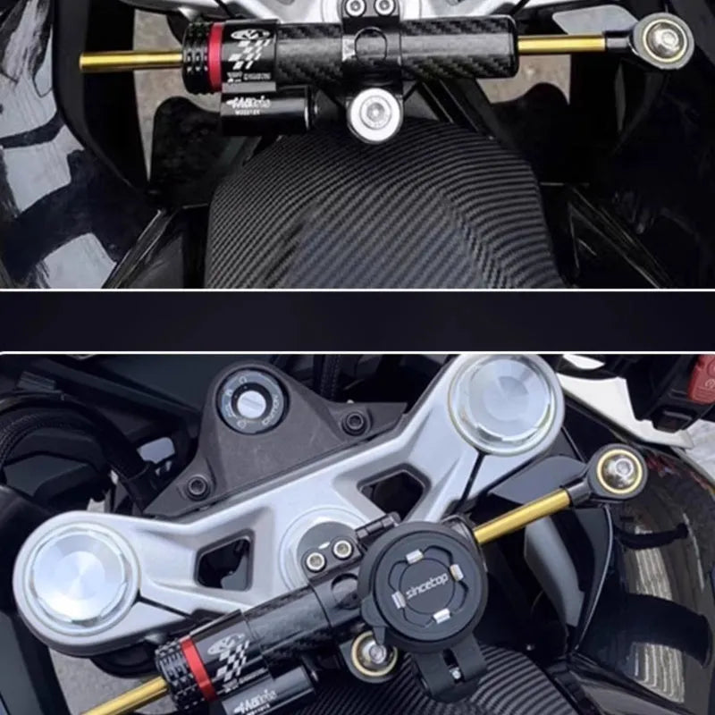 Titanium directional damper bracket for CFMOTO 450SR/SRS motorcycle with carbon fibre aluminium body and adjustment gear.
