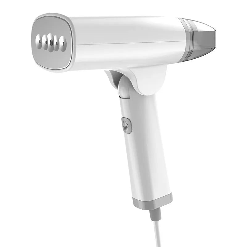 Blue handheld garment steamer with water tank and temperature controls for clothes steaming