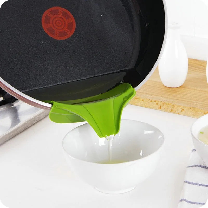 Green silicone kitchen funnel with clip-on design for round pots