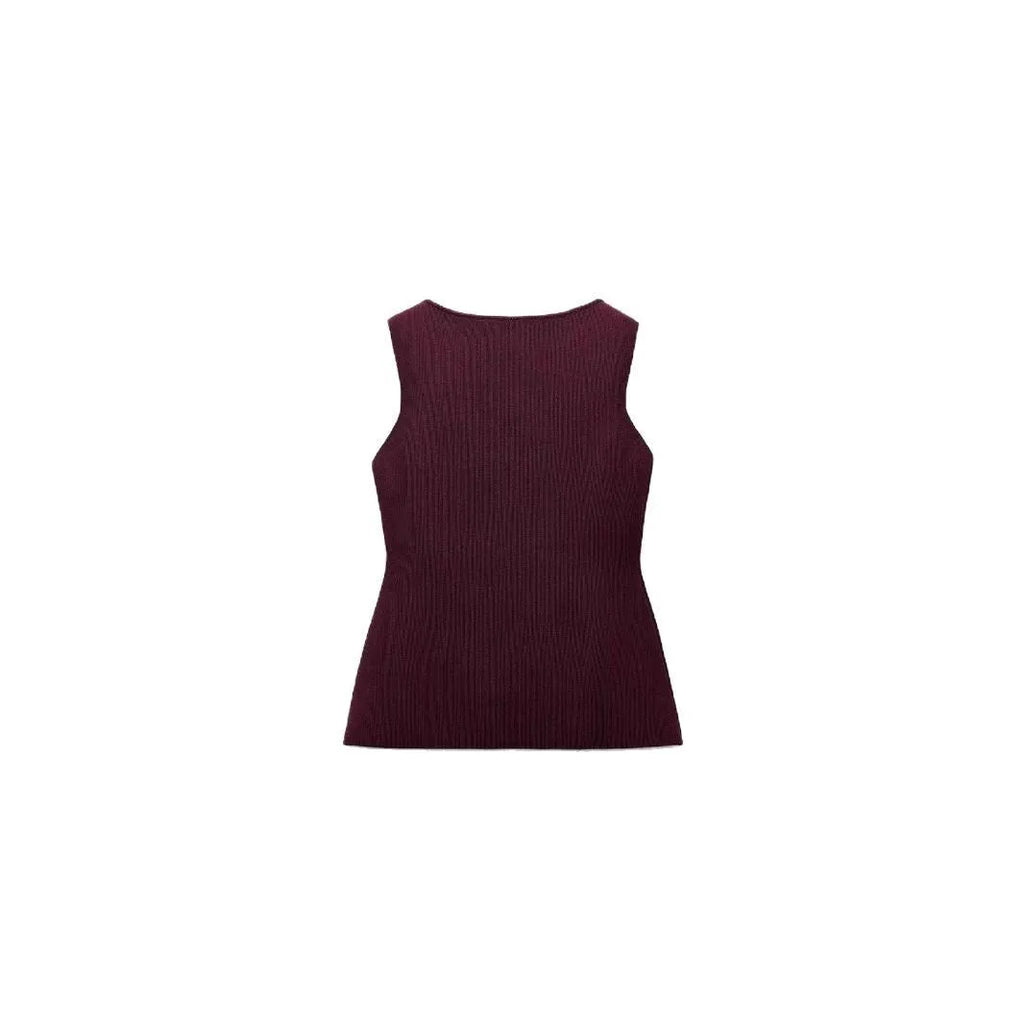 Dark red slim-fit sleeveless vest with gold buttons and textured 3D pattern fabric.