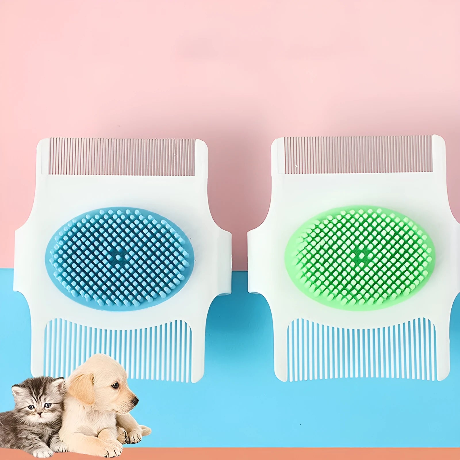 Blue multifunctional pet comb with hair removal, massage, and flea removal functions showing dimensions