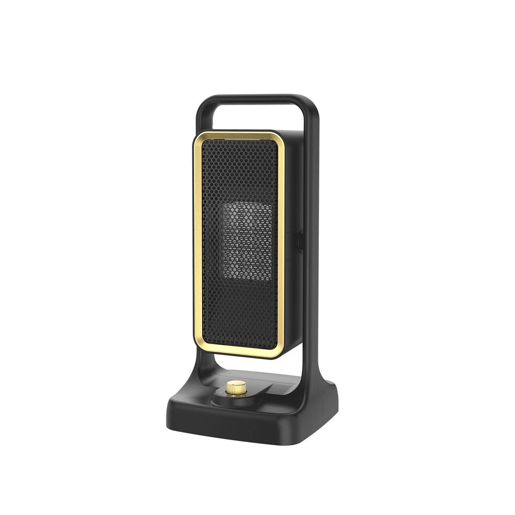 Compact black PTC ceramic desktop air heater with control knob on a wooden desk.