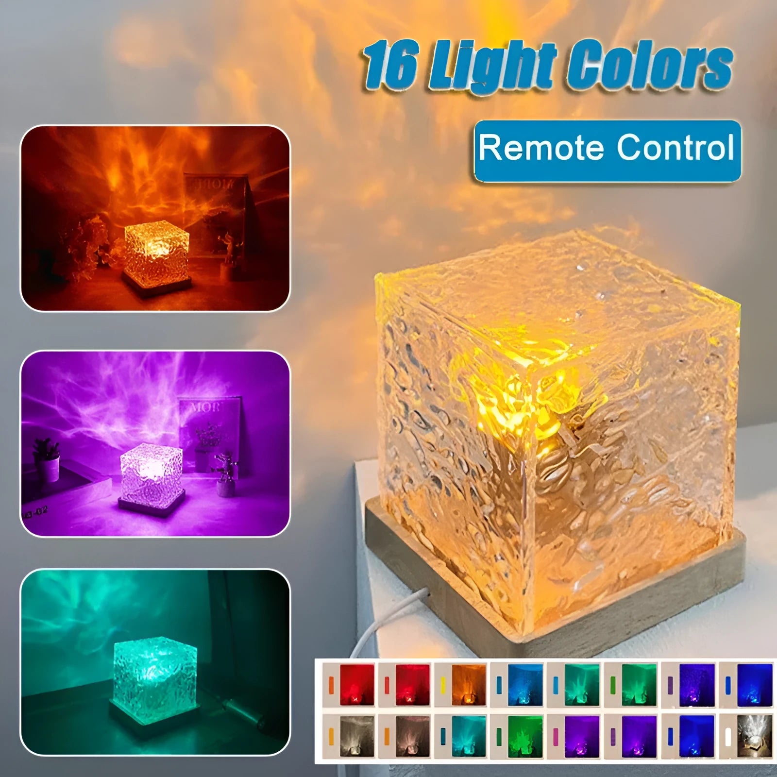 Geometric LED water ripple night light with remote control projecting colourful rotating patterns