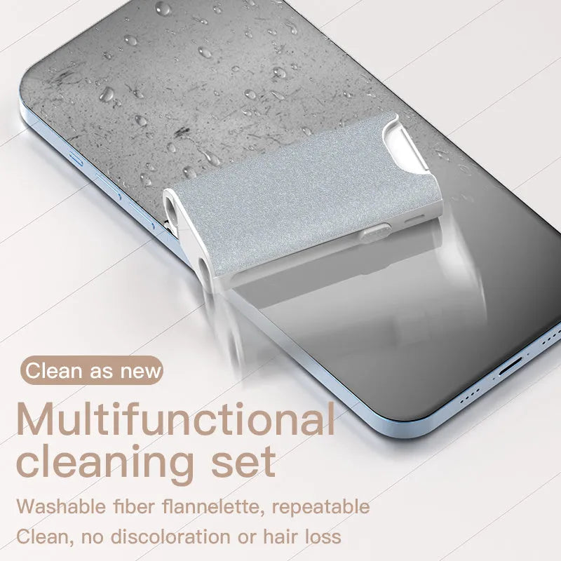 5-in-1 digital cleaning kit with black body, showing flocking sponge, brush, and metal tip for phones and earphones.