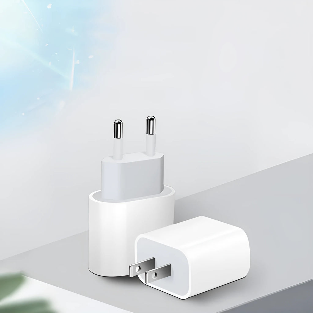 PD20W mobile phone charger with USB port and regional plug options.