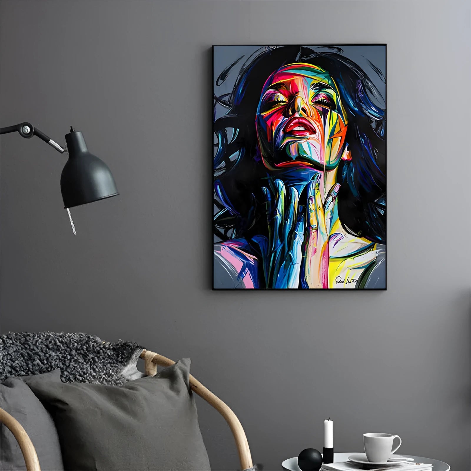 Black smokey girl portrait oil painting printed on unframed non-woven canvas.