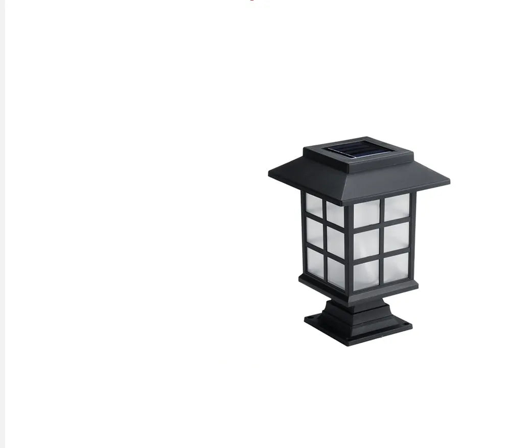 Black solar outdoor LED lawn light with window-style design for garden and pathway illumination