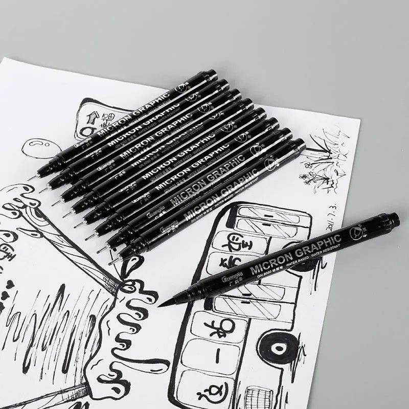 Set of 12 black comic hand-painted pens with various nib sizes in a storage bag organiser