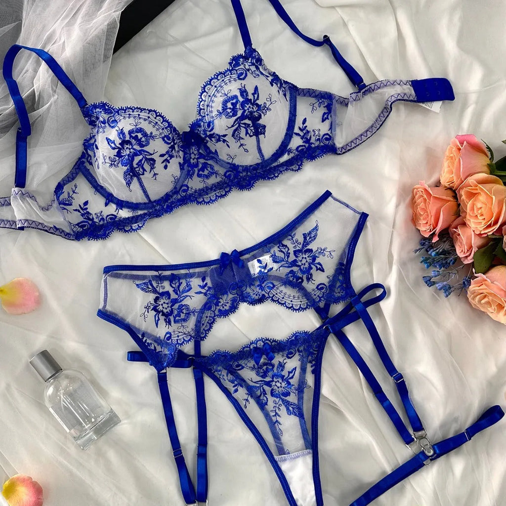 Women's embroidered sheer underwear set with cutout detailing in black