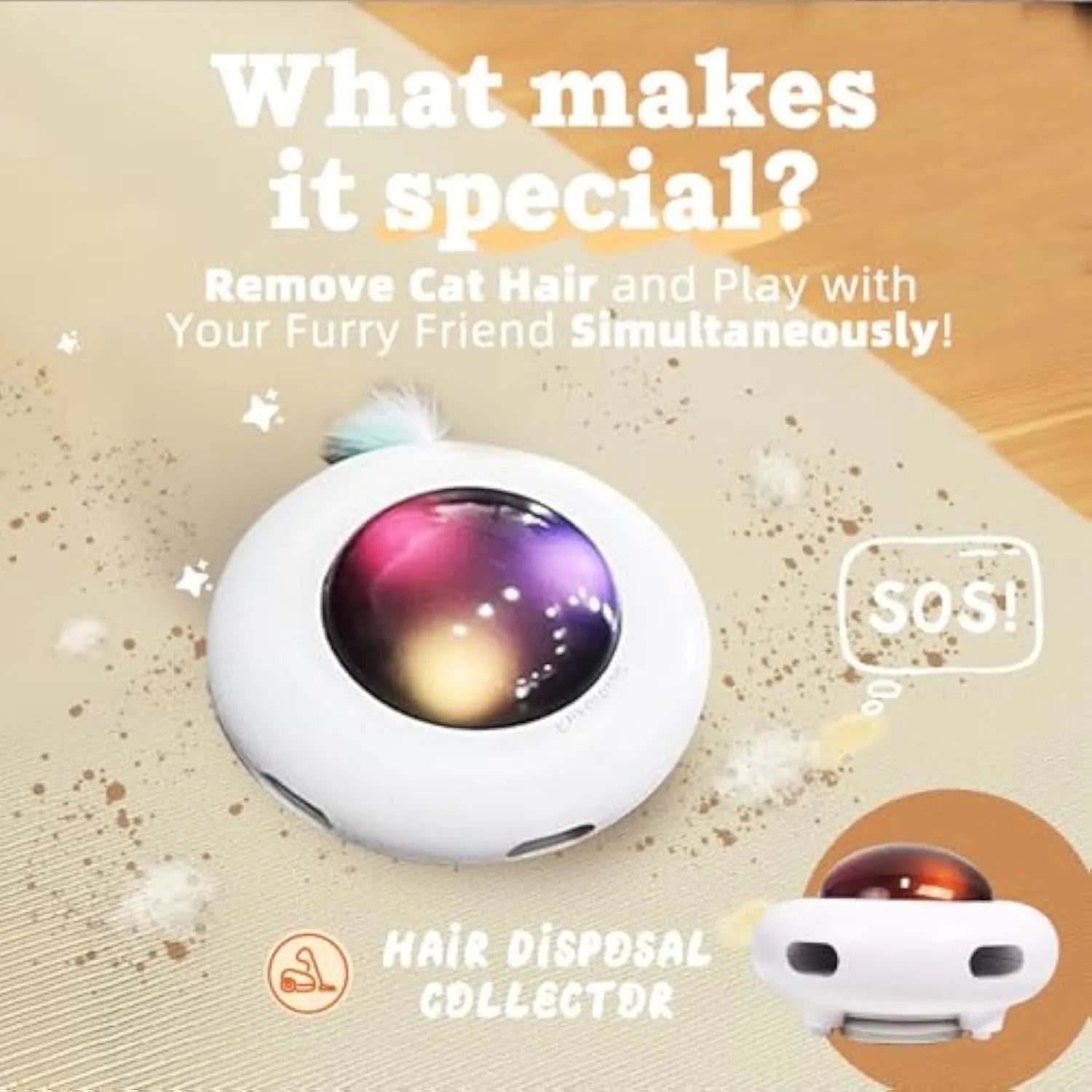 White automatic interactive cat toy with colourful feathers and LED lights on a floor.