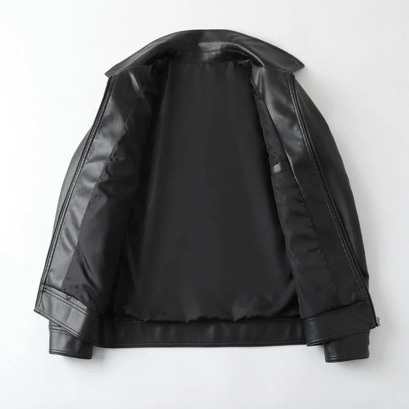 Men's black PU leather casual jacket with zip-up front and multiple pockets