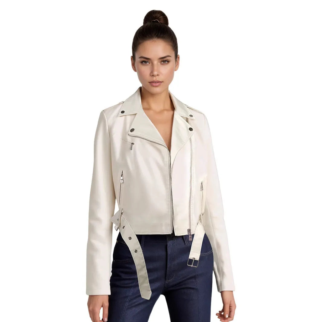 Women's black PU leather motorcycle-style jacket with a lapel collar and waist belt.